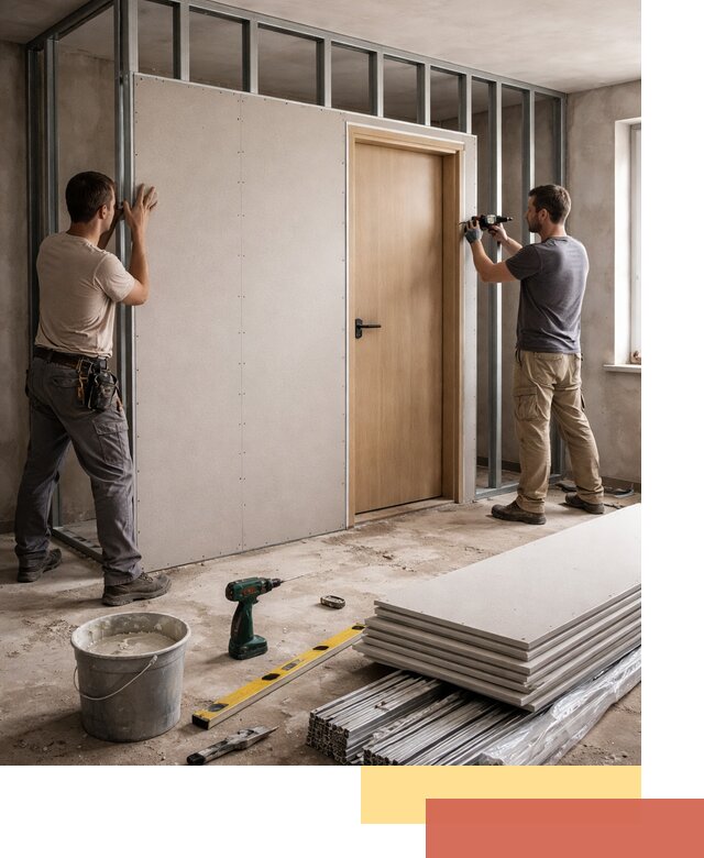 Перегородка из гипсокартона с дверью под ключ в Фрязино