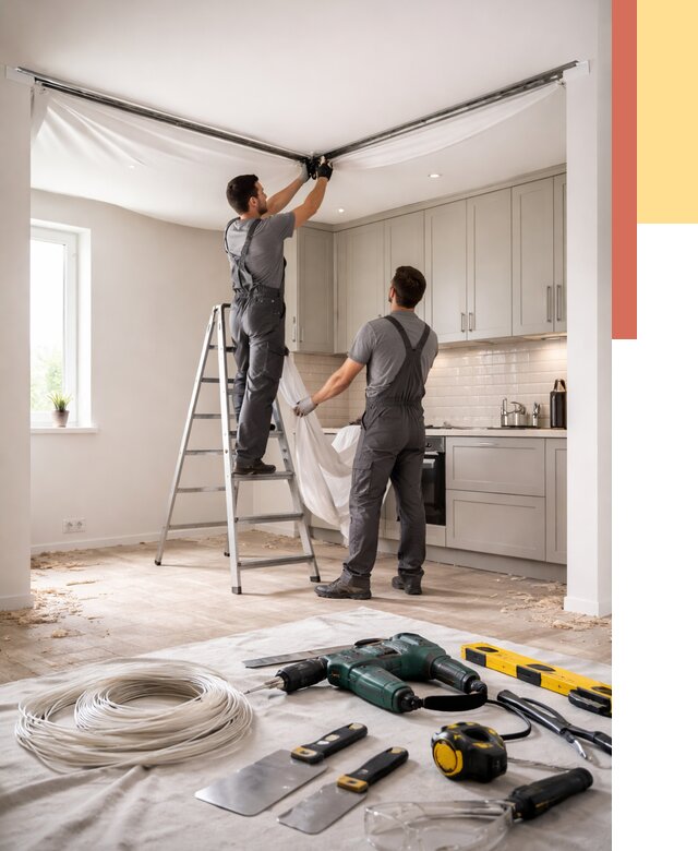 Установка натяжного потолка на кухне в Фрязино от 2492 руб. | ОТДЕЛОЧНИК-Фрз