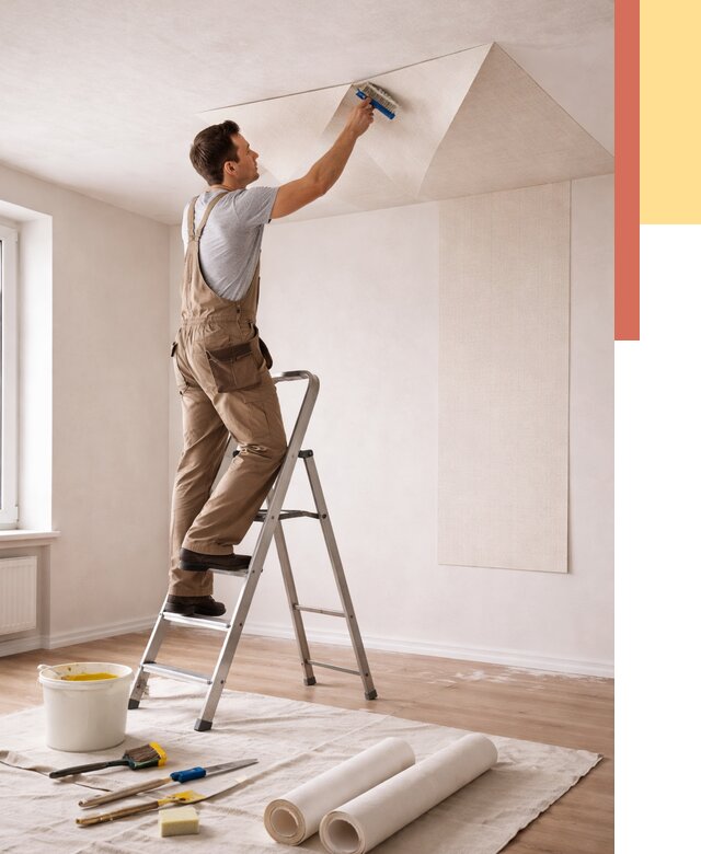 Поклейка обоев на потолок в Фрязино от 4673 руб. быстро и недорого | ОТДЕЛОЧНИК-Фрз